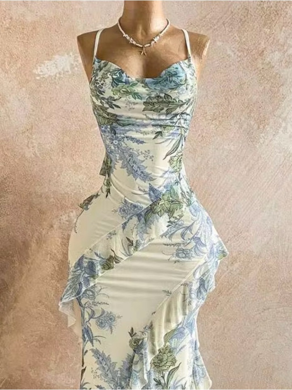 Floral Ruffle-Trim Slip Dress in Cream and Blue